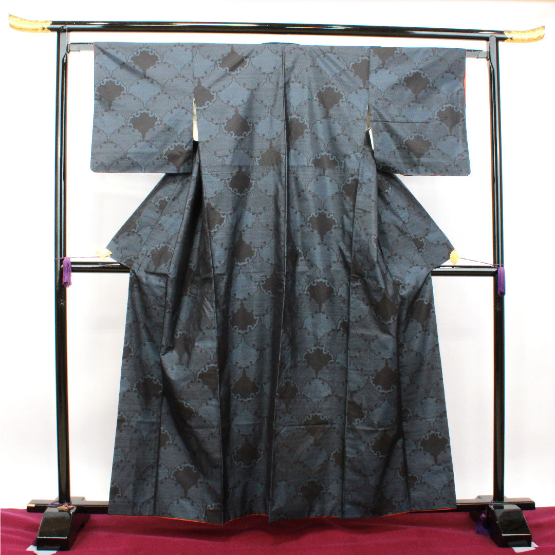 Oshima Tsumugi, Length 160.5cm, Sleeve length 63.5cm, Weft Kasuri, Yukiwa, Pure Silk, A Rank, Awase, Navy Blue, 1116002823418
