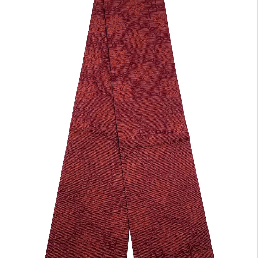 （新品）半幅帯 ポリエステル NEWランク 深蘇芳色（深蘇芳色（ふかきすおういろ） 黒色 唐花模様 横段 リバーシブル 帯丈400cm 赤系 1125002661412