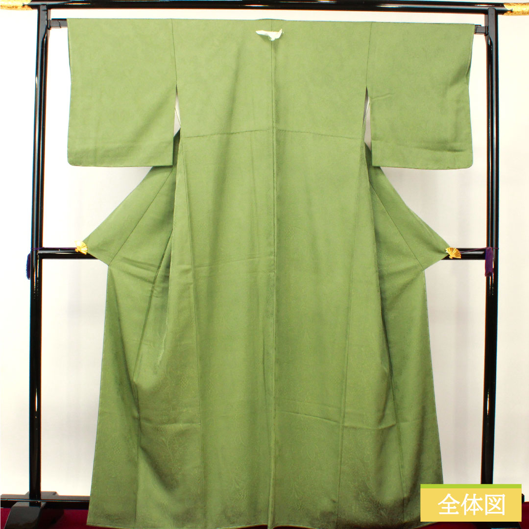 Plain color, pure silk, length 166.5cm, sleeve length 66cm, Bushukan color, silk, circle with paulownia branch, basting thread included, lined, S rank, green, 1114001442519