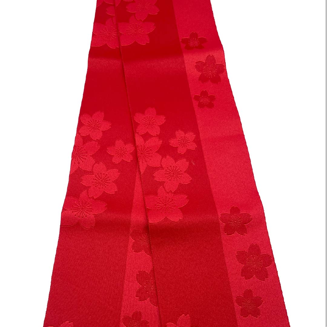 Half-width obi, polyester, obi length 336cm, madder color, cherry blossom, floral pattern, reversible, red, S rank, 1125001442312
