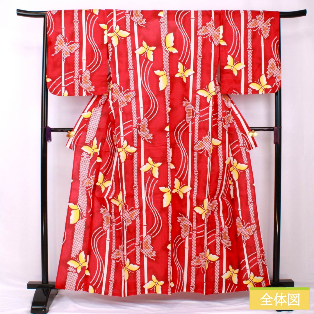 Yukata Cotton Length 160cm Sleeve length 64cm S rank Single layer Red Crimson Butterfly Bamboo 1118005532412