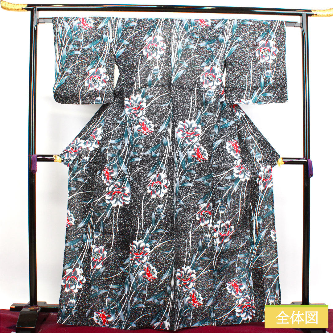浴衣 木綿 身丈168.5cm 裄丈63cm Sランク 単衣 黒系 芍薬 1118004622510