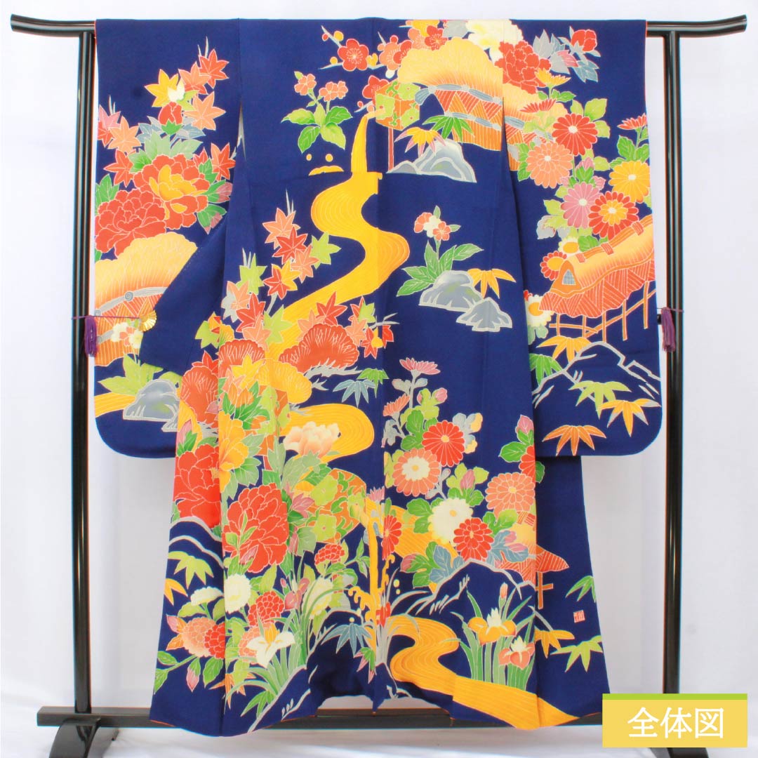 Furisode (long-sleeved kimono) made of pure silk, grade A, length 153cm, sleeve length 60.5cm, lined, stencil-dyed, featuring auspicious plum and chrysanthemum motifs on crepe fabric with layered collar, blue, product number 1113002233217