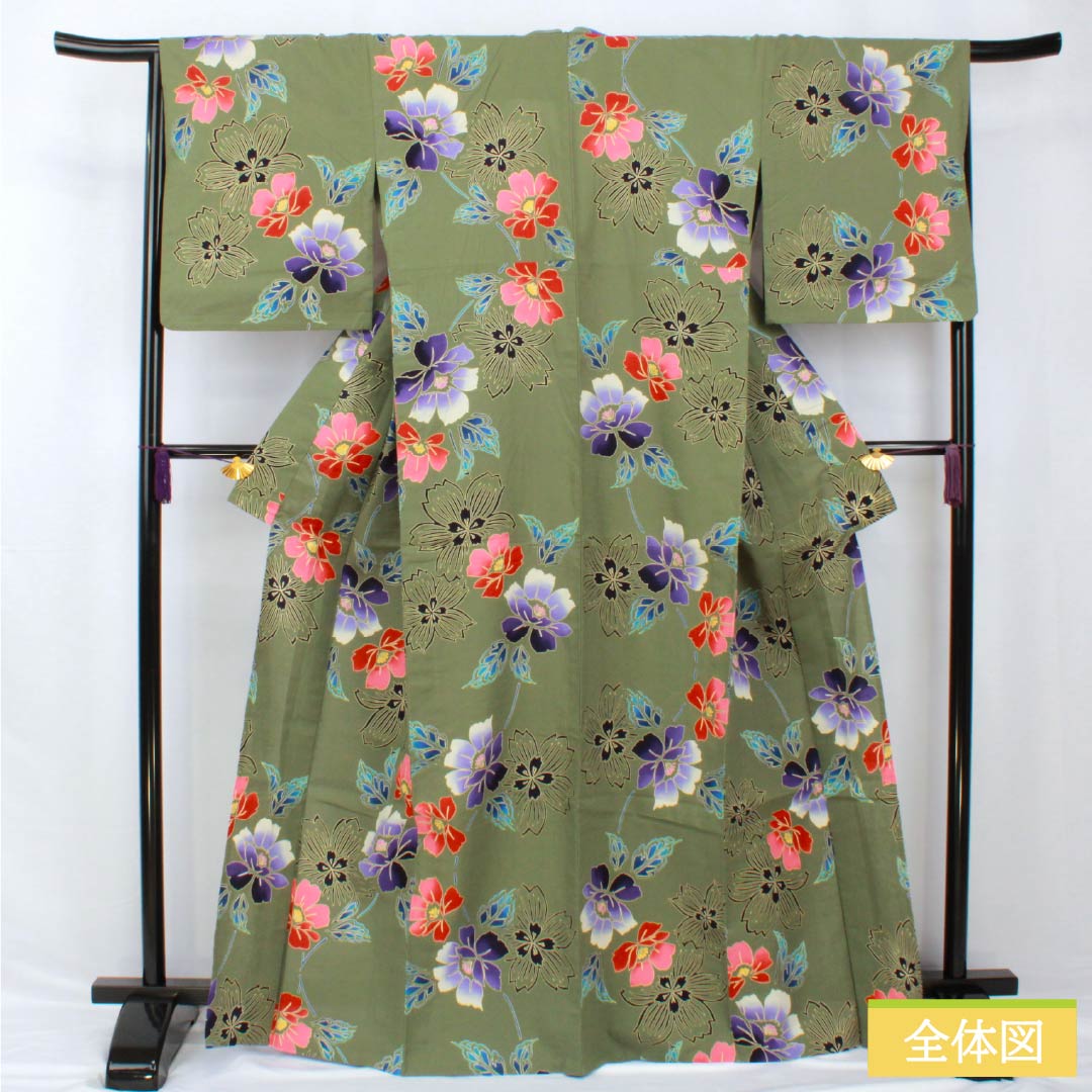 Yukata Cotton Length 167.5cm Sleeve length 66.5cm S rank Single layer Green Iwai brown (Iwai chairo) Hibiscus 1118005262519