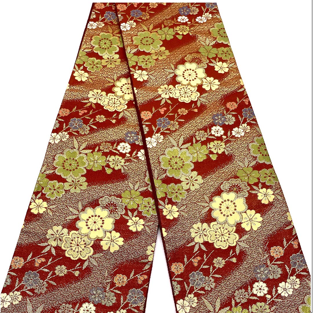 【Unstitched】Half-width Obi Polyester S-rank Shrimp Red (Ebi-akairo) Cherry Blossom Floral Seigaiha Classic Pattern Obi Length 412cm Brown Family 1125001162414