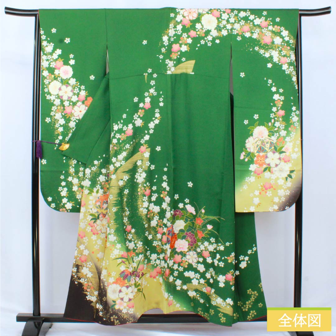 Furisode Kimono (S-Rank) - Pure Silk, S-Rank, Length 153cm, Sleeve Length 62.5cm, Lined, Green-Brown, Kyoto Yuzen Print, Cherry Blossom and Floral Design, Pearl Tone Finish, Green, Product Number: 1113002142219