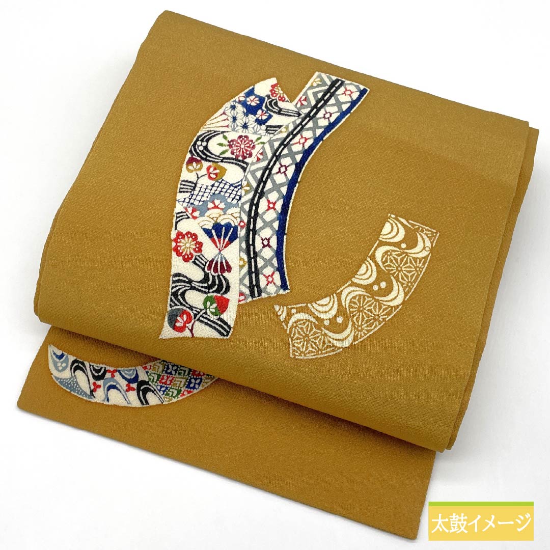 Nagoya obi, earthen cloth color (Toupusu color), Kyoto Bingata, crepe fabric, noshi, obi length 369cm, pure silk, S rank, point pattern, casual, yellow, 1124007972323, Nagoya style