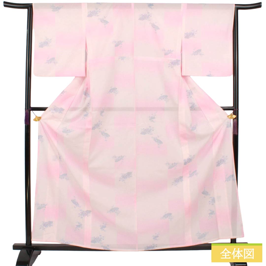 Summer Polyester Kimono, Komon, S Rank, Length 162.5cm, Sleeve to Shoulder 64.5cm, Asabeni-iro (pale red), Ichimatsu Check and Classic Patterns, Washable Kimono, Ro (gauze-weave), Pink Tones, 1132003272413