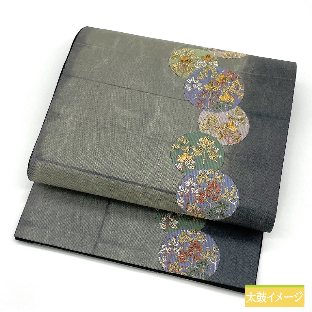 Fukuro Obi (Sash) - Pure Silk, S-Rank, Light Gray, Nishijin-ori Weave, with Gold-Leaf and Floral Patterns, Length 440cm, Six-Ply, Semi-Formal, Gray, Item Number 1123017022322
