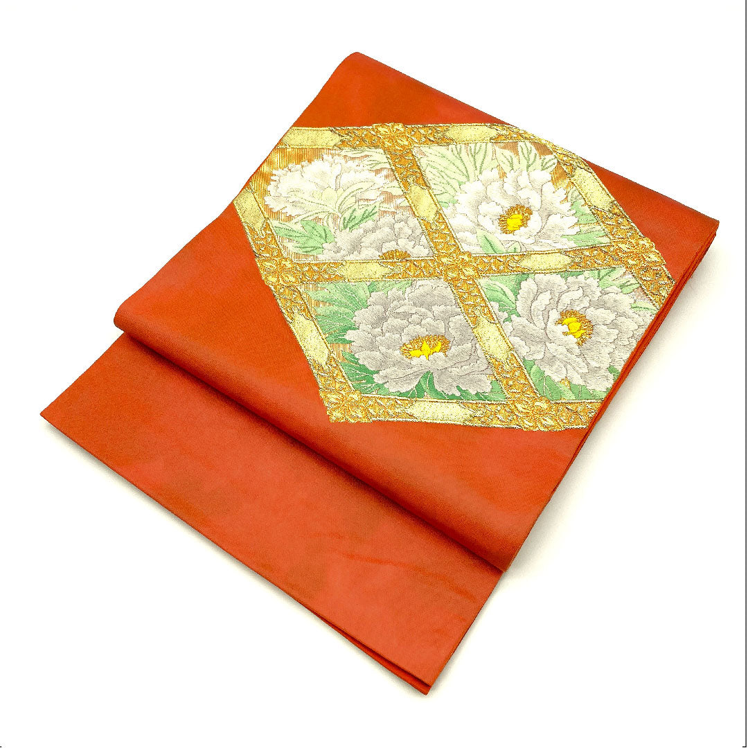 Fukuro obi with gold leaf, diamond and flower pattern, obi length 438cm, pure silk, S rank, point pattern, formal, vermilion, 1123003612316
