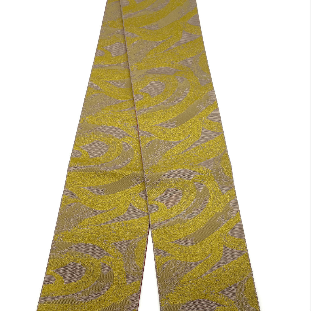 (New) Half-width obi, polyester, NEW rank, rapeseed oil color, reddish-brown, reversible, abstract pattern, obi length 400cm, brown tones, 1125002381414