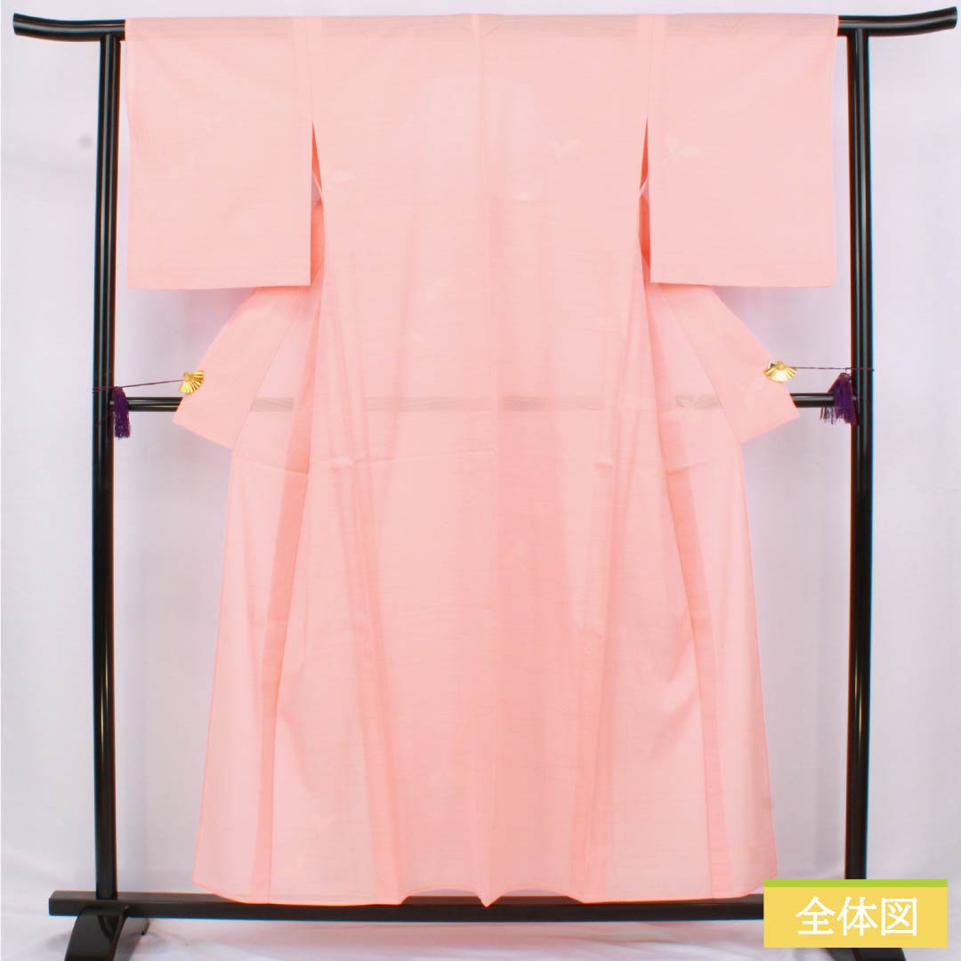 Summer pure silk komon kimono, length 154cm, sleeve length 63cm, pale crimson red (usubeniakairo), crested ro (ro) fabric with a plant and tree pattern, S rank, pink, product number 1132002852213