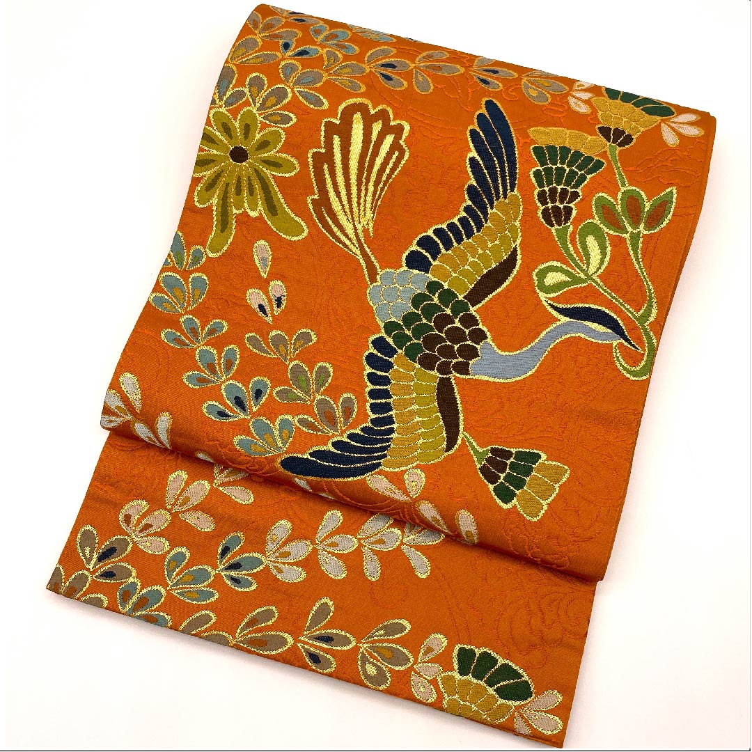 Carrot-colored Fukuro Obi (Bag Belt) with Phoenix Pattern, Shiraayaen Oba, Length 432cm, Pure Silk, S Rank, Six-pass, Formal, Orange, 1123008912326