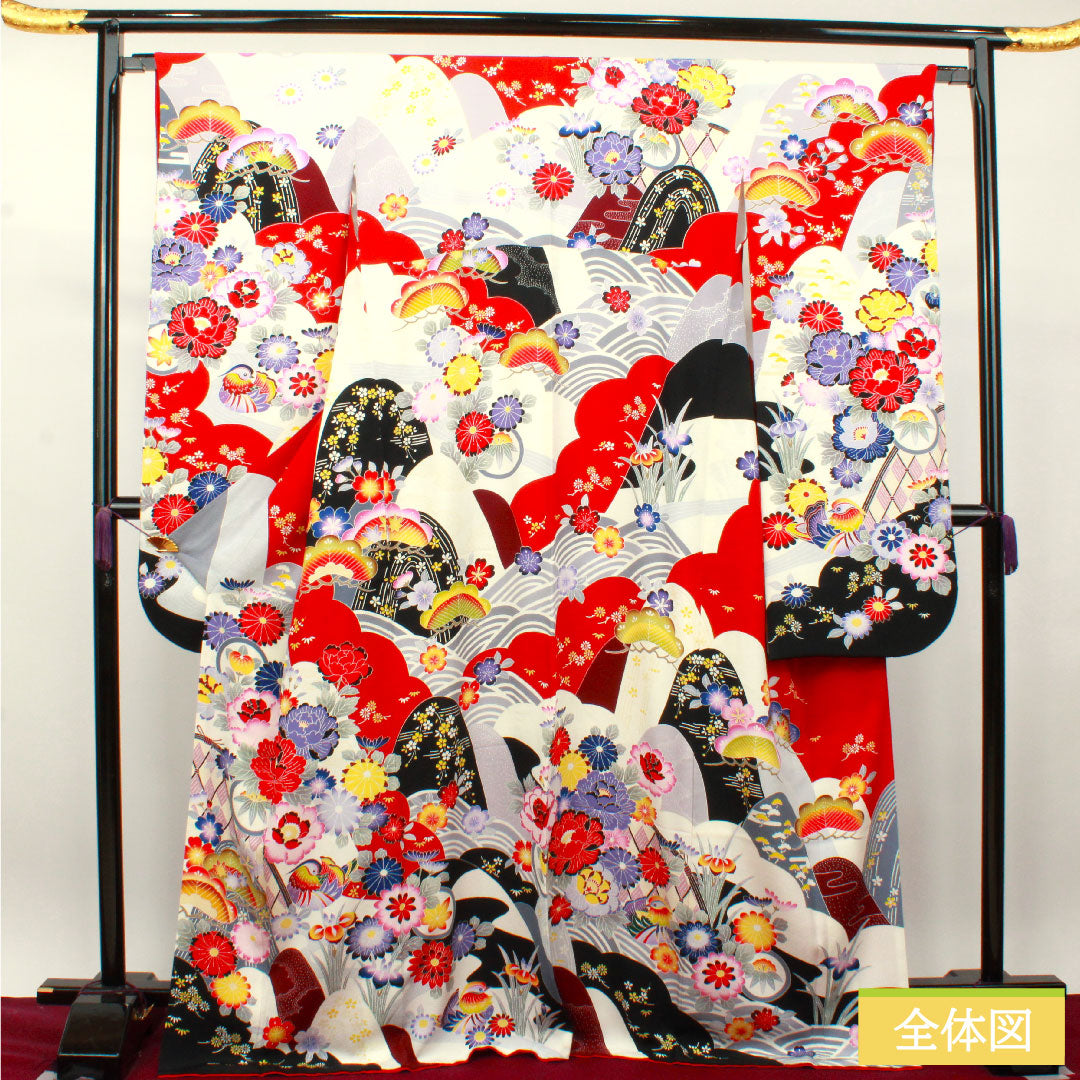 Furisode, pure silk, length 171cm, sleeve length 65cm, lined, Kyoto Yuzen, floral pattern, Seigaiha, mandarin ducks, S rank, gradation style, 1113001802699