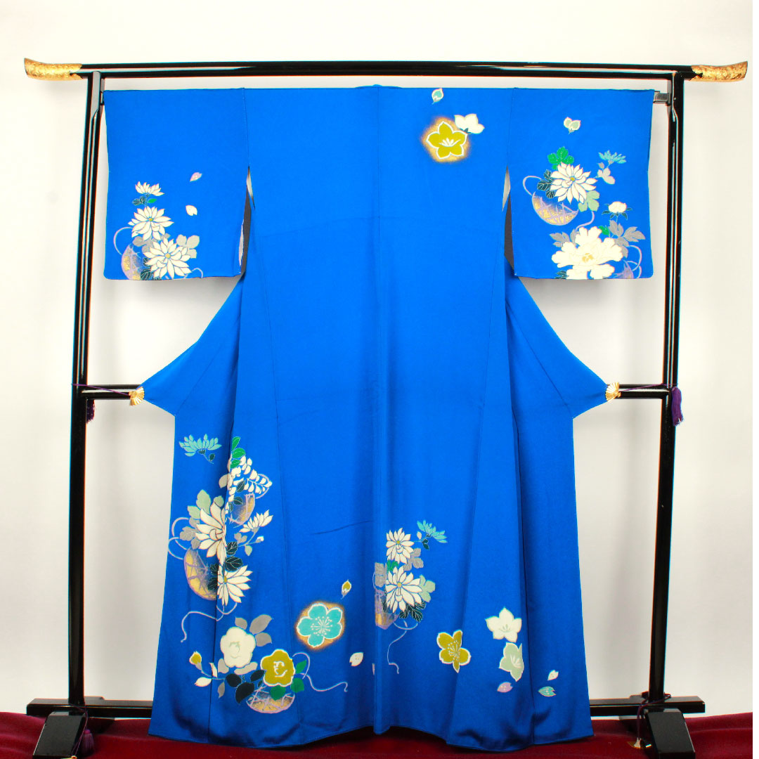 訪問着 袷 身丈163cm 裄丈68cm 瑠璃紺色 桜 菊 椿 正絹 Aランク 青系 1112001683417