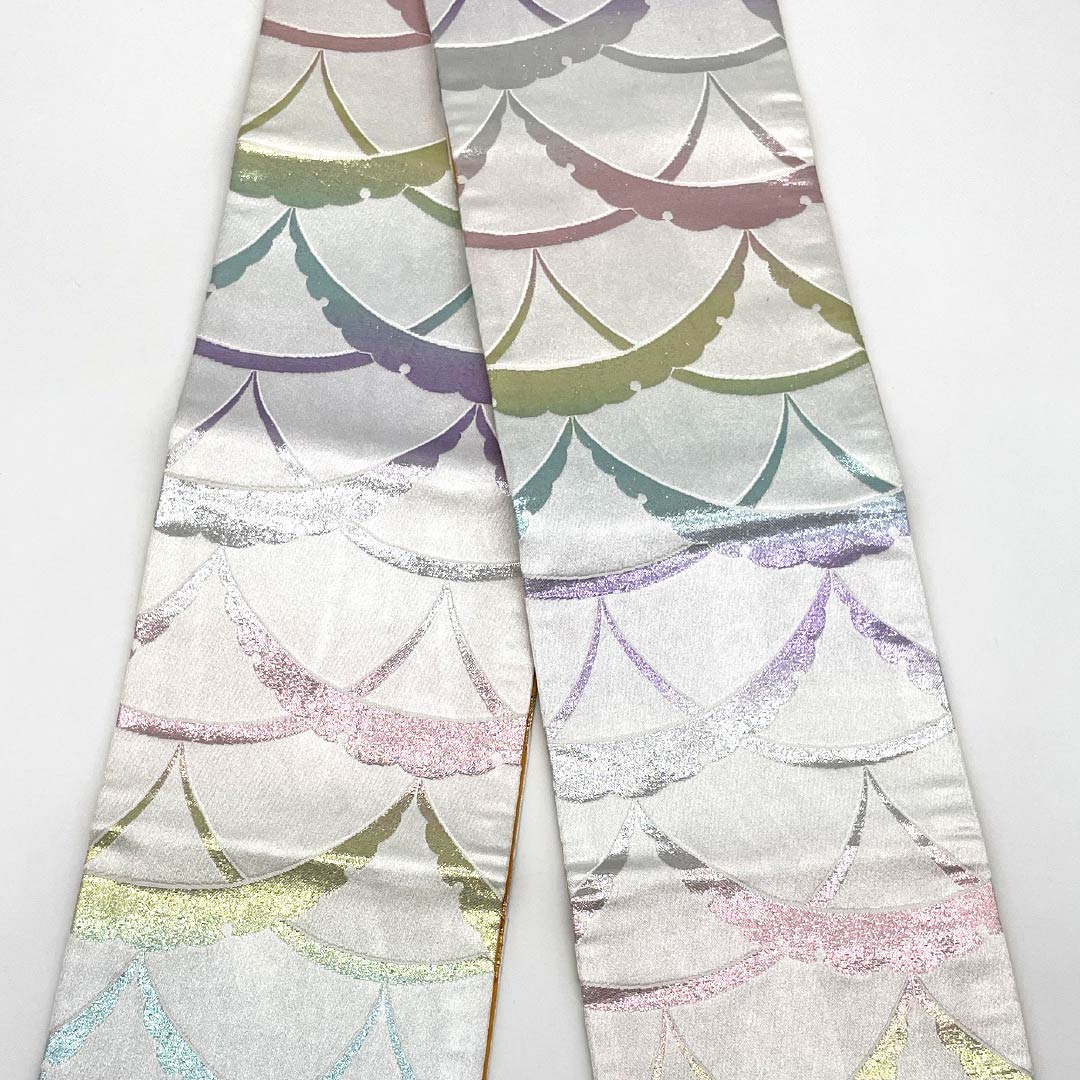 Half-width obi, polyester, Kumoinezuiro (cloud-gray) with snow rings, reversible, length 354cm, silver, S rank, 1125002192322