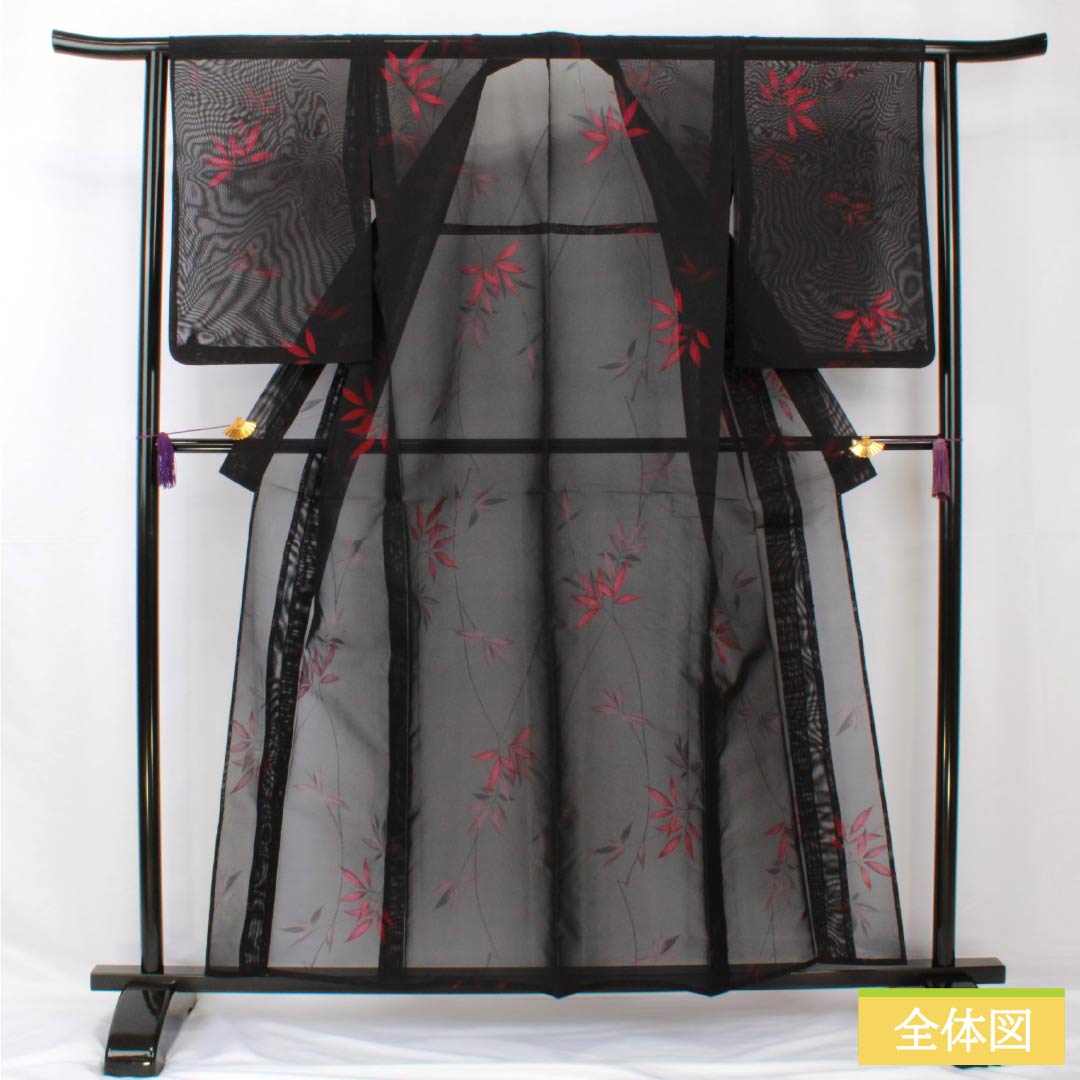 夏物 正絹 小紋 身丈157.5cm 裄丈62.5cm 枝 葉 紗 Sランク 黒系 1132002022310