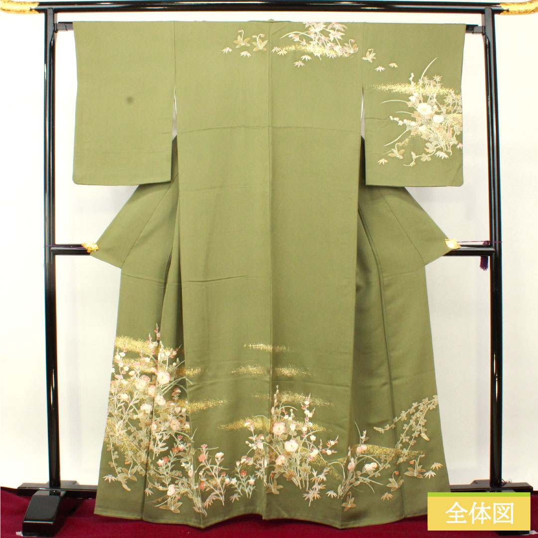 訪問着 正絹 袷 身丈164.5cm 裄丈65.5cm 山鳩色（やまばといろ） 京友禅 草花模様 Sランク 緑系 1112004722419