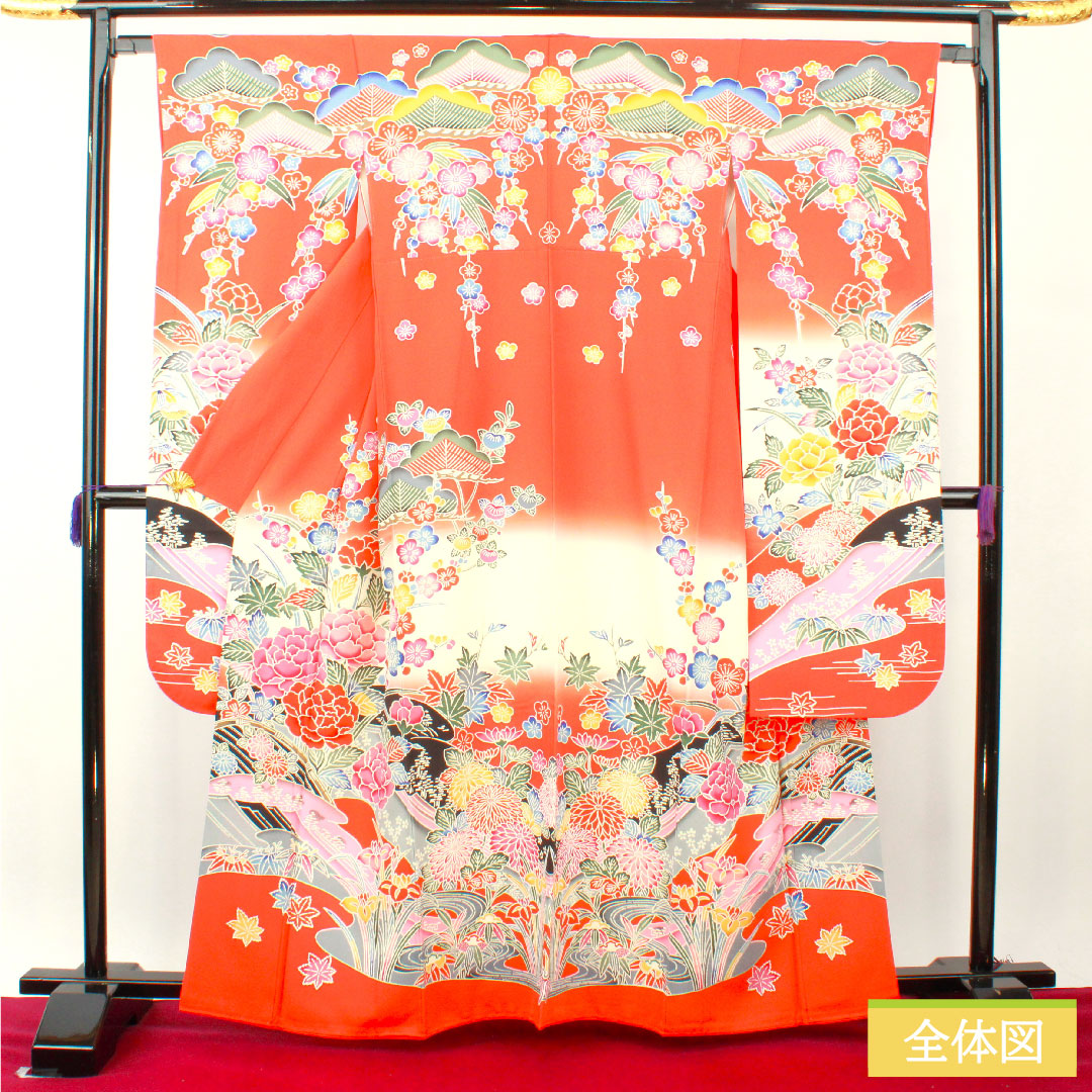 Furisode (long-sleeved kimono) made of pure silk, length 162.5cm, sleeve length 63.5cm, lined, silver-vermilion, Kyoto Bingata, auspicious motif, S rank, vermilion, 1113002112416