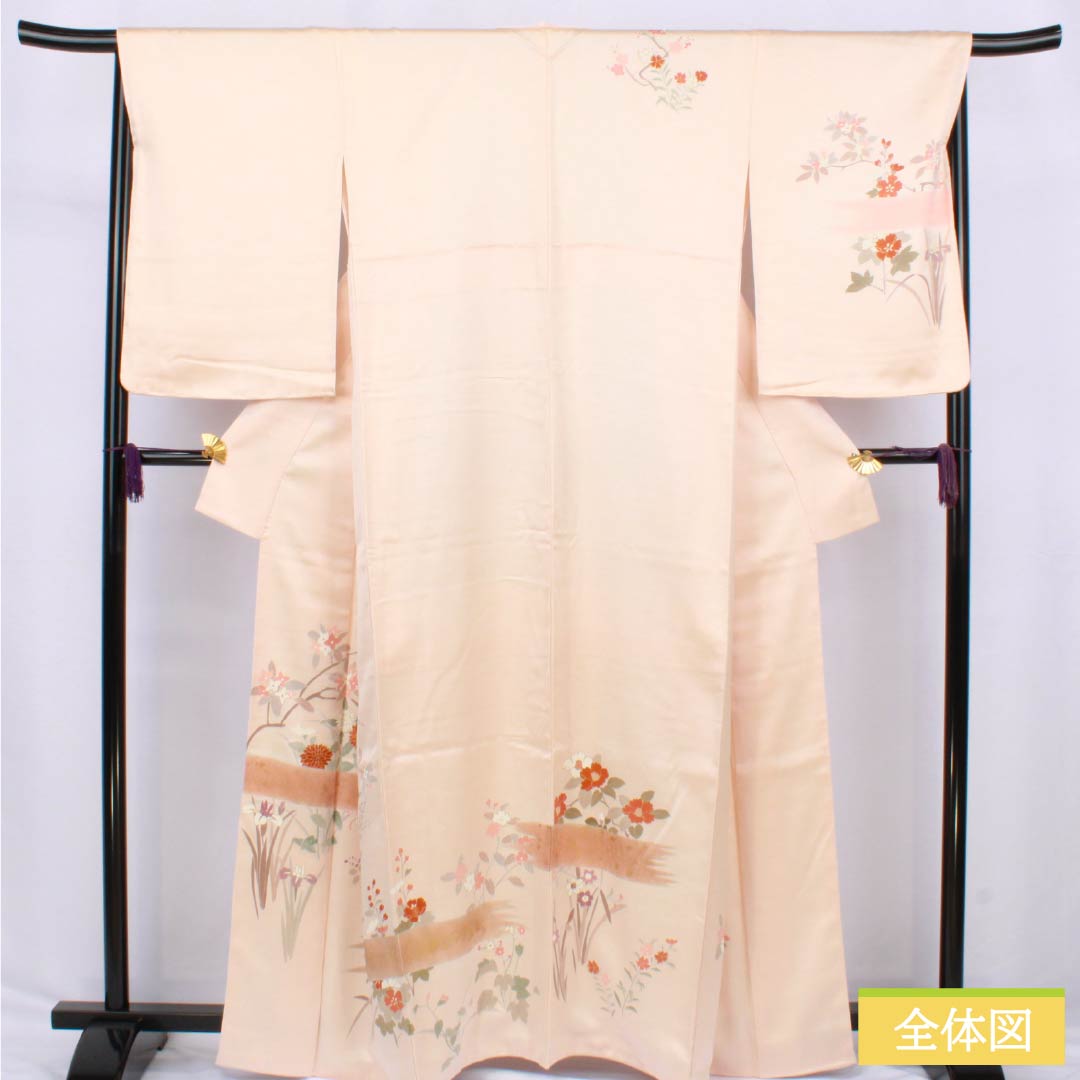 Visiting Kimono, Pure Silk, S Rank, Lined, Length 163.5cm, Sleeve Length 67cm, Light Color (Usunikuiro), Kyoto Yuzen, Plant Pattern, Orange, with Basting Thread, Product Number: 1112006672426
