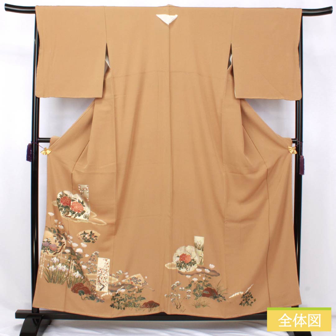 色留袖 正絹 Sランク 身丈157.5cm 裄丈63cm 袷 丁子色（ちょうじいろ） 一つ紋 丸に違い鷹の羽 草花 スコッチガード 一つ紋 茶系 1111002022314