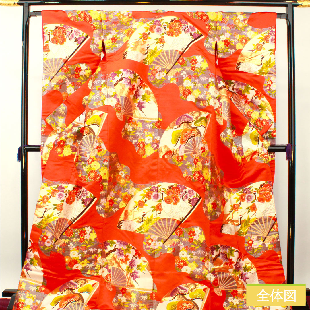 Colored uchikake, pure silk, length 185cm, sleeve length 66cm, maple leaf color, Karaori, auspicious motif, S rank, lined, vermilion, 1110000802916