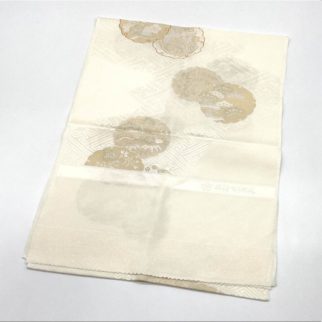 帯揚げ 正絹 Sランク フォーマル 乳白色（にゅうはくしょく） 丹後ちりめん 雪輪 金駒刺繍 長さ約170cm 幅約29.5cm 白系 1136004652911
