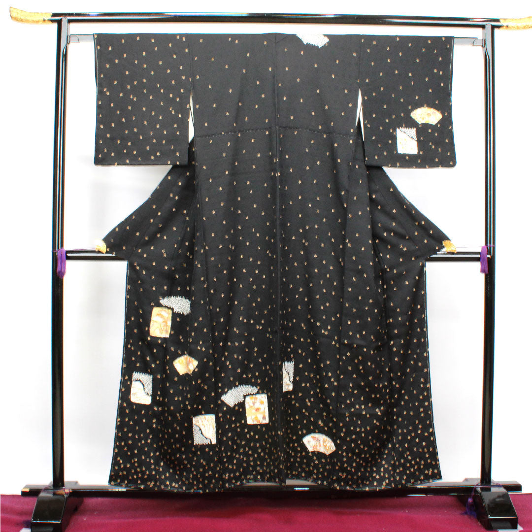 Homongi, lined, length 155cm, sleeve length 61.5cm, with basting thread, unused, Kyo-Yuzen, auspicious pattern, pure silk, S rank, black, 1112002662310