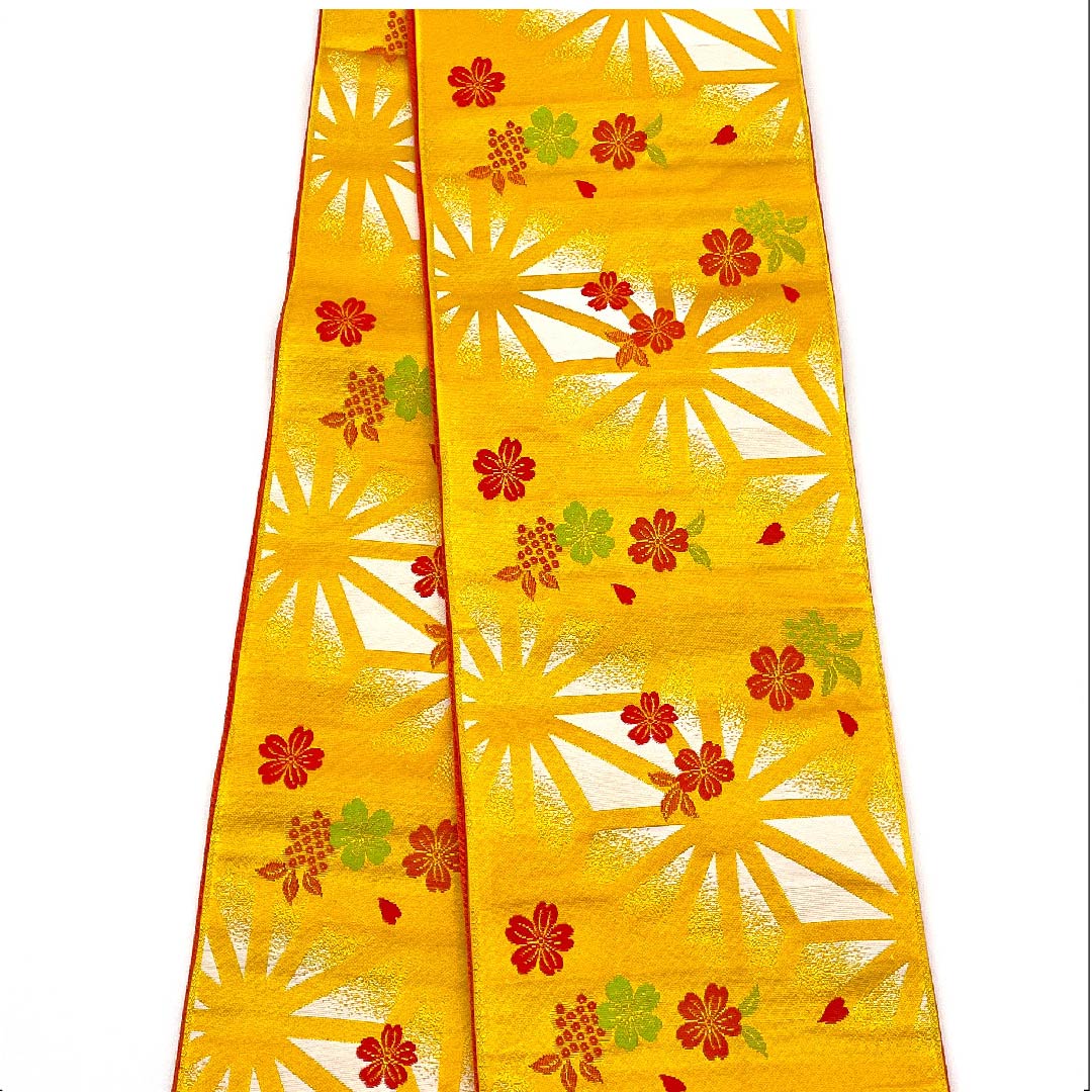 [Unfinished] Half-width obi, polyester, S-rank, deep eggshell color, floral pattern, small cherry blossoms, hemp leaves, nuts, classic pattern, obi length 352cm, yellow, 1125000932323