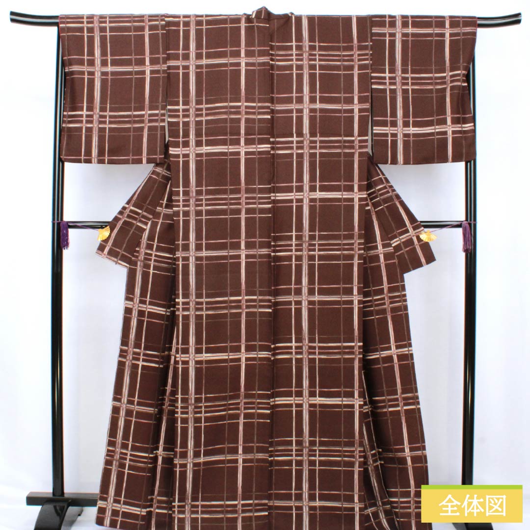 Komon (small pattern) polyester kimono, S rank, length 167.5cm, sleeve length 68cm, lined, burnt brown (kogareiro) check pattern, washable, brown, 1115007522514