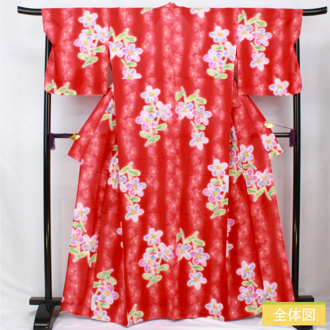Yukata (Cotton) Length: 165cm, Sleeve Length: 69cm, Rank A, Single Layer, Vermilion, Crimson Silk (Momioiro) with Floral Pattern, Hiromichi Nakano, Product Number: 1118006133516