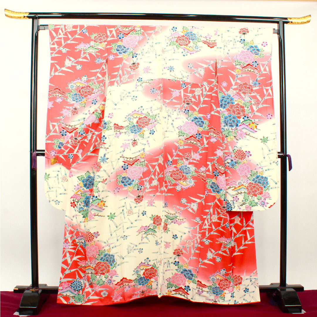 振袖 身丈162cm 裄丈65cm 袷  京紅型 松竹梅 笹 紅葉  正絹 Sランク グラデーション系 1113001612499