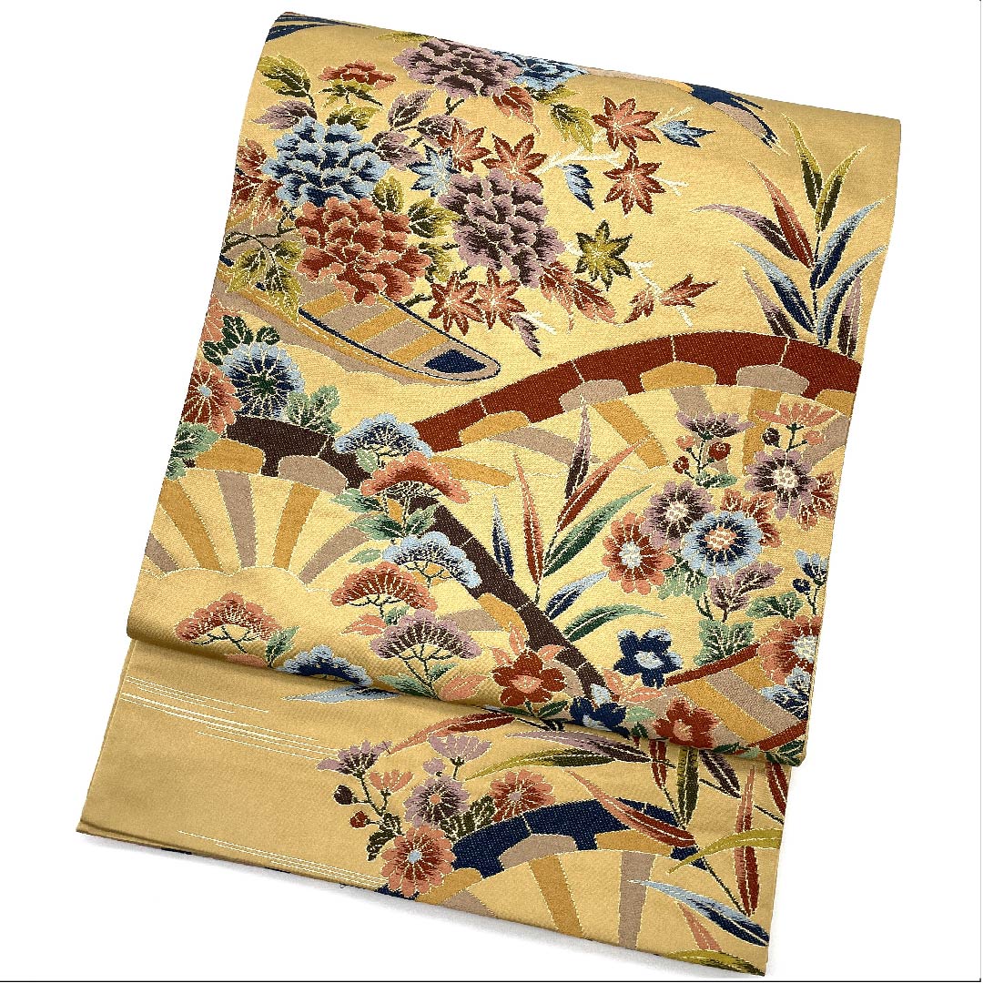 袋帯 山吹鼠色（やまぶきねずいろ） 白綾苑大庭 花柄 帯丈428cm 正絹 Sランク 六通 フォーマル 茶系 1123009472314