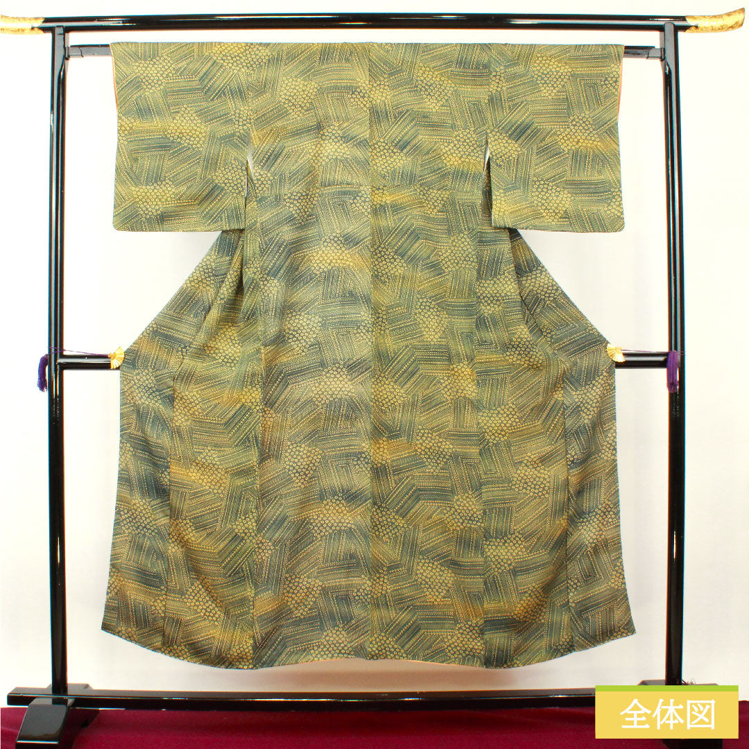 Komon, pure silk, length 148.5cm, sleeve length 61cm, lined, Oribe color, abstract pattern, split pattern, S rank, green, 1115004392119