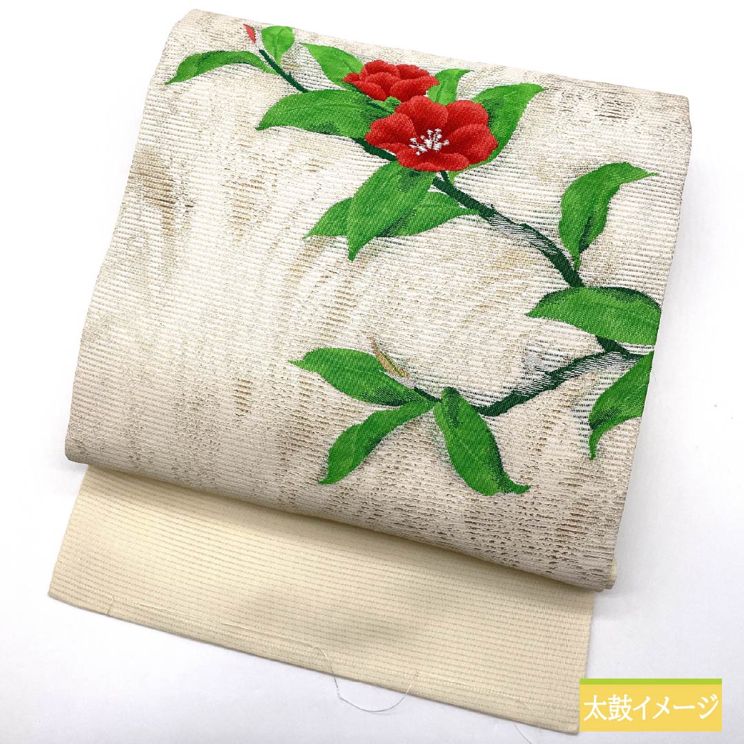 Nagoya Obi, Pure Silk, Off-White, Summer Obi, Camellia Pattern, 362cm Long, Rank B, Pointed Pattern, Semi-Formal, Cream, Item No. 1124008774315, Nagoya Style