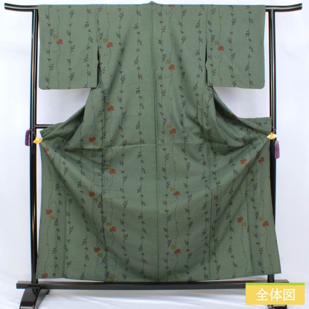 Komon Polyester S-rank length 164.5cm sleeve length 62cm unlined Shima-matsunezu-iro (dark gray with a hint of green) stenciled grass and leaves, with hip lining, green family 1115007992419