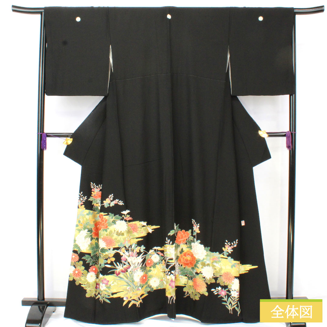 黒留袖 正絹 身丈162cm 裄丈66cm 袷 京友禅 草花模様 作家物 五つ紋 丸に抱き柏 Aランク 黒系 1111001613410