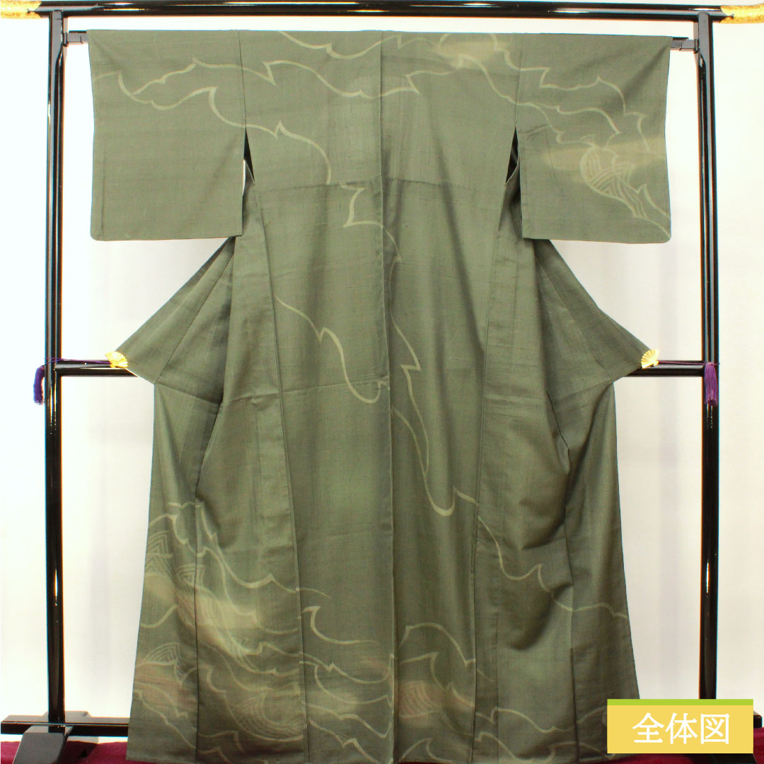 訪問着 正絹 単衣 身丈168.5cm 裄丈66.5cm 鈍色（にびいろ） 紬地 抽象模様 Sランク 緑系 1112004212519