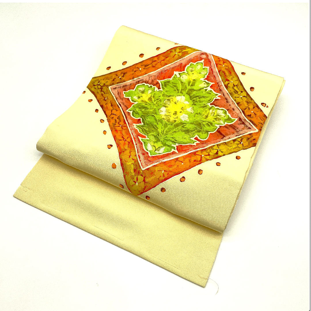 Nagoya obi with diamond and floral pattern, dyed obi, obi length 351cm, pure silk, A rank, point pattern, casual, cream color, 1124001433315, Nagoya style