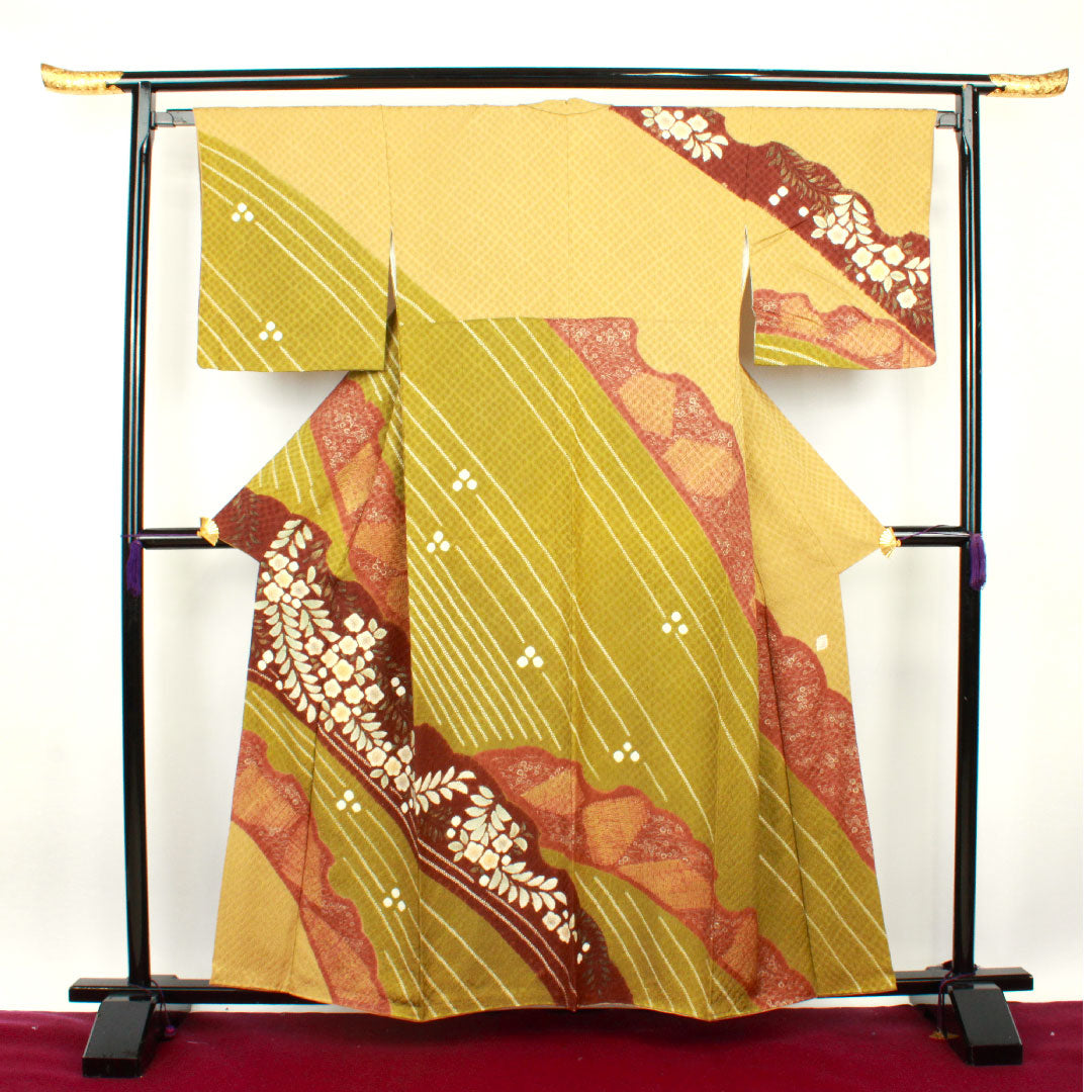 訪問着 袷 身丈158cm 裄丈65cm 楊梅色 作家物 辻ヶ花 絞り 正絹 Sランク 黄系 1112001932323
