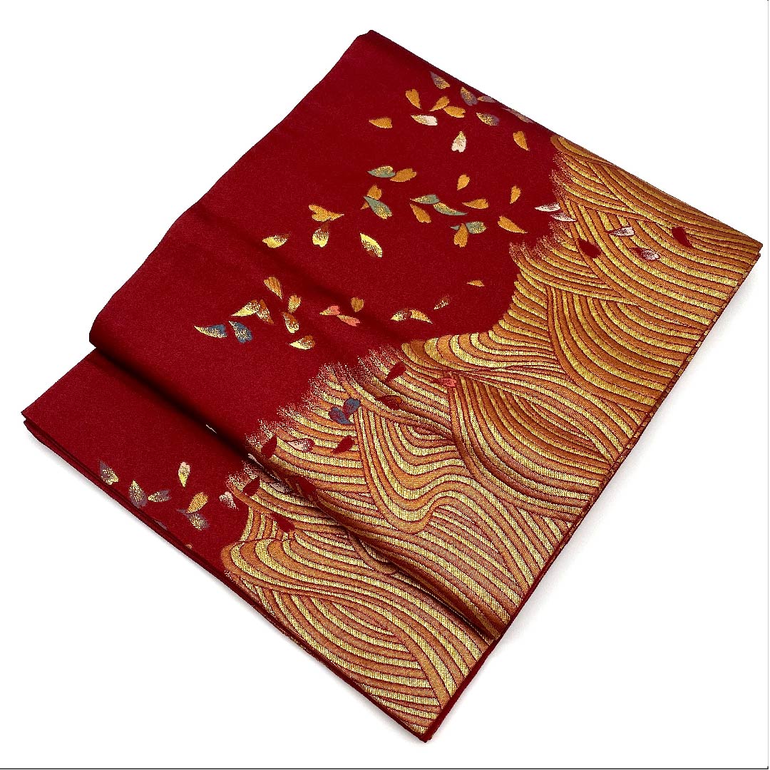 Nagoya obi, Kyoto fukuro obi, raw crimson, cherry blossom, abstract pattern, obi length 369cm, poly, A rank, full length, semi-formal, vermilion, 1124003433316, open style