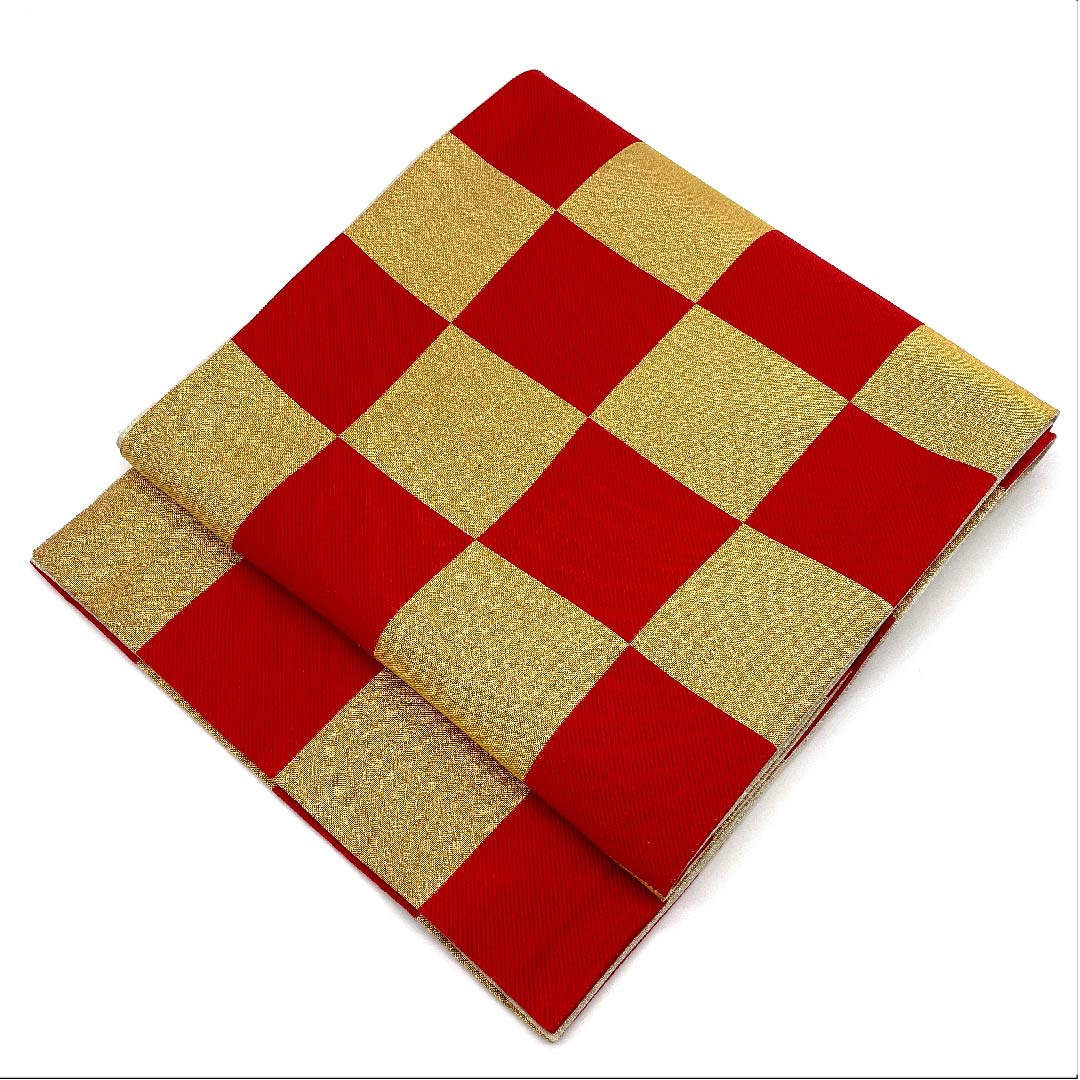 Gold-colored Fukuro Obi for Furisode, Checkered, Length 436cm, Pure Silk, S-Rank, Six-way, Formal, Gold-based, 1123006242321