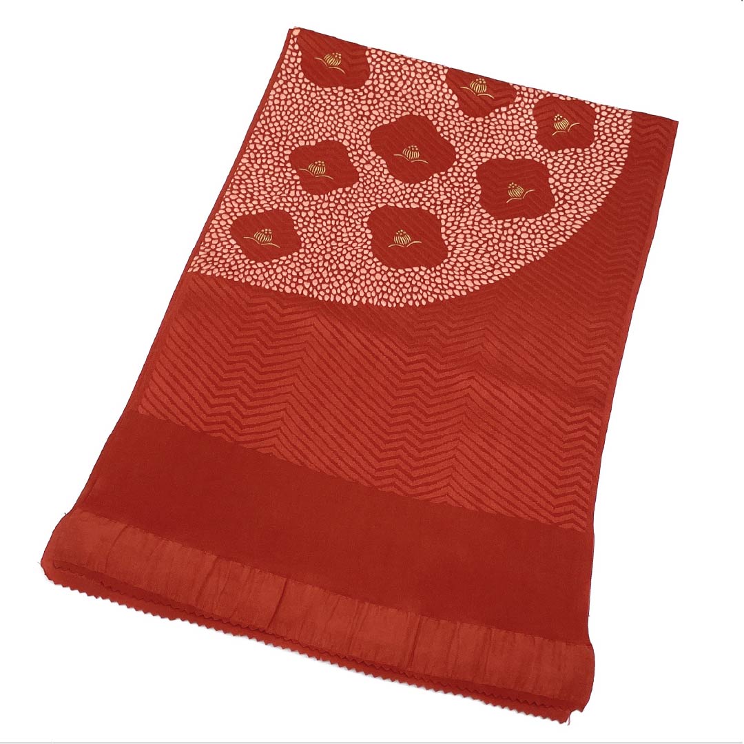 Obiage, pure silk, S rank, semi-formal, Jinzamomi-iro (a shade of red), Camellia design, length approx. 174cm, width approx. 29.5cm, reddish tones, 1136003022912