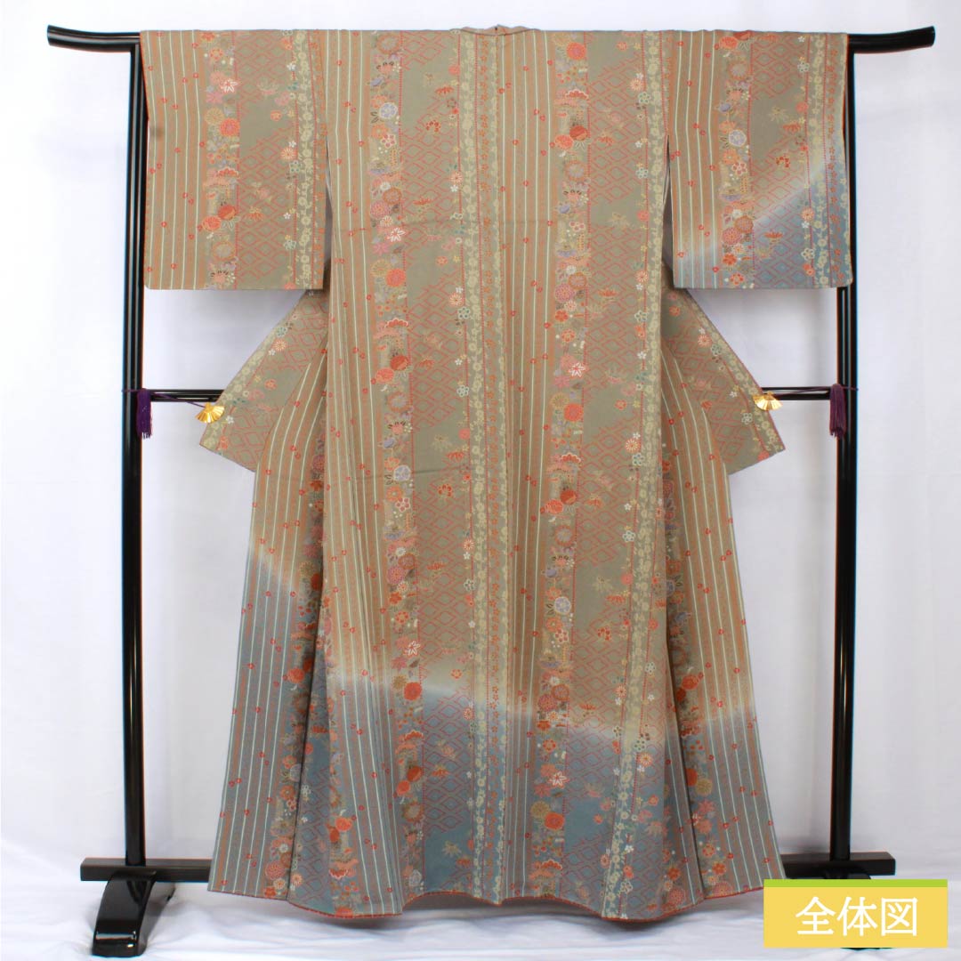 訪問着 正絹 袷 身丈160.5cm 裄丈65.5cm 利休鼠色（りきゅうねずみいろ） 型染 縞 花柄 Sランク グレー系 1112006042422