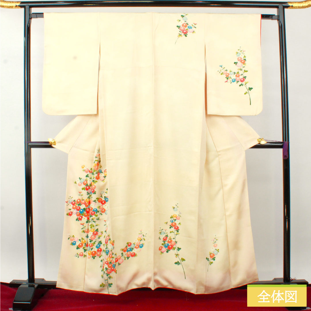 Homongi, pure silk, lined, length 160cm, sleeve length 63.5cm, Tonokoiro, Kyoto Yuzen, floral pattern, A rank, cream color, 1112004803415