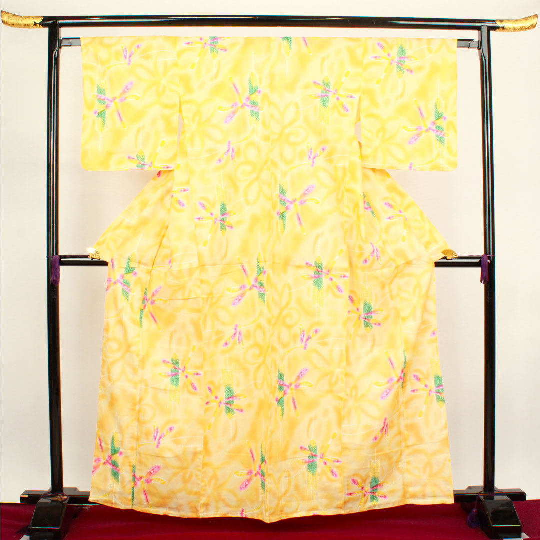 浴衣 玉蜀黍色 トンボ 矢羽根 木綿 Bランク 単衣 身丈162cm 裄丈66cm 橙系 1118001624426