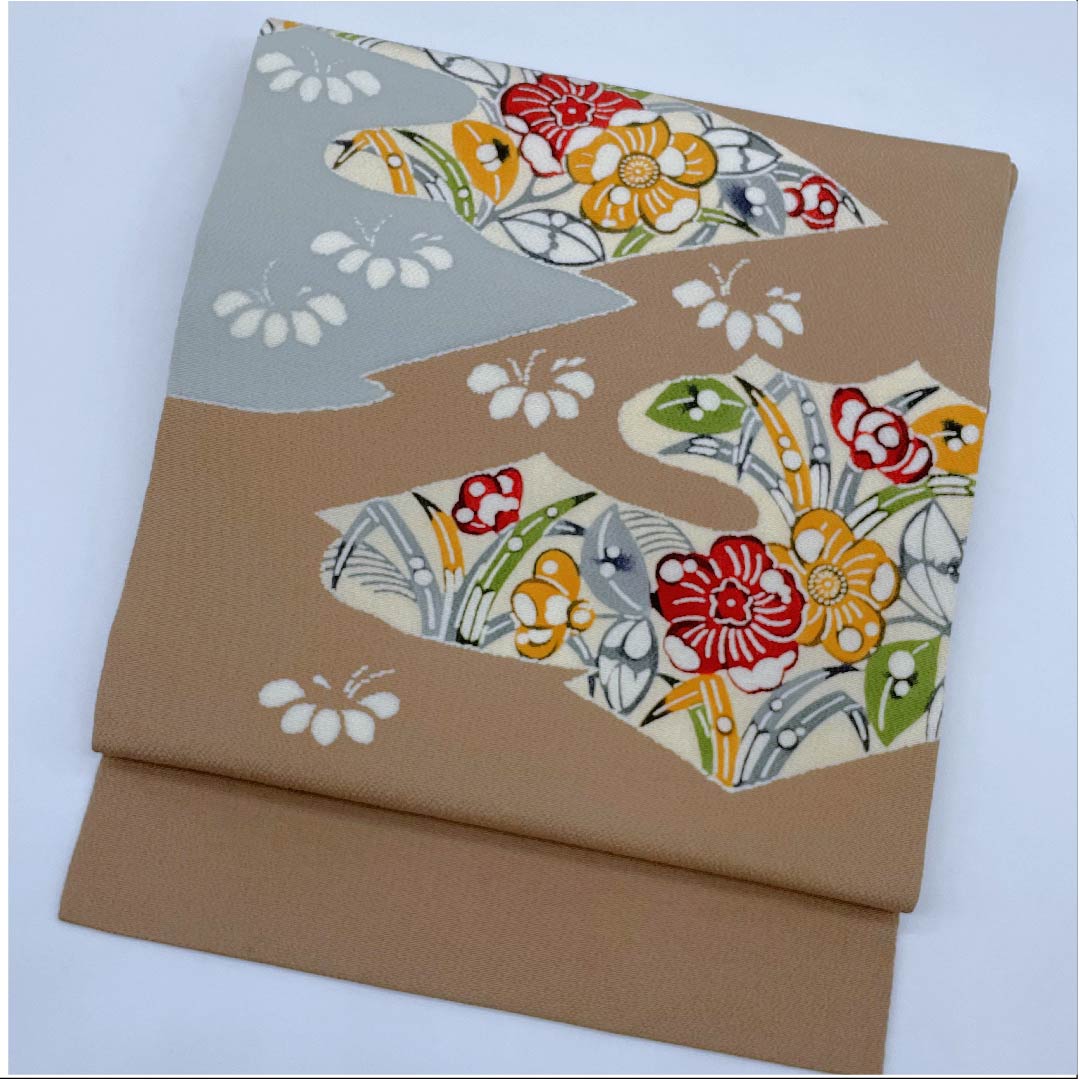 Nagoya obi, fawn color, Kyo-Bingata, Kuriyama Kobo, Tsujigahana pattern, obi length 376.5cm, pure silk, S rank, point pattern, casual, brown, 1124005192314, Nagoya style