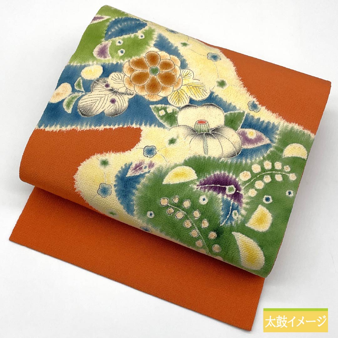 Nagoya obi, ochre, crepe fabric, Tsujigahana, obi length 362cm, pure silk, A rank, point pattern, semi-formal, orange, 1124008043326, Nagoya style