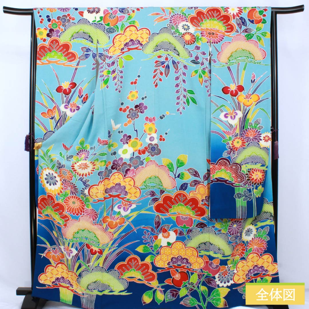 A-rank pure silk furisode kimono (long-sleeved kimono), length 166.5cm, sleeve length 64.5cm, lined, light blue, Kyoto Bingata crepe fabric, auspicious plum and pine motifs, light blue, product number 1113002543524