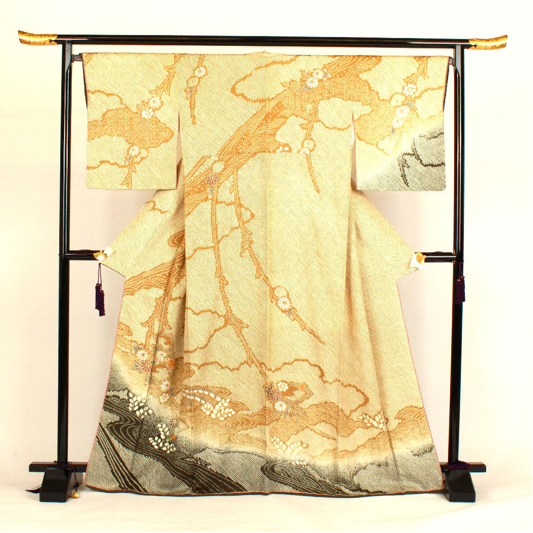 Homongi, lined, length 167cm, sleeve length 69cm, all-over tie-dye, embroidery, auspicious motif, pure silk, S rank, yellow, 1112000562523
